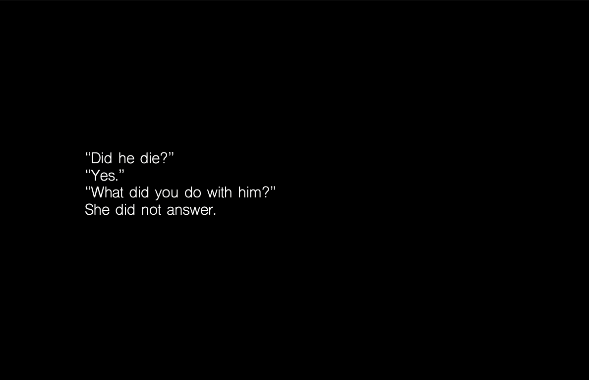 a quote generated by GPT-simple that reads, 'Did he die?', 'Yes.' 'What did you do with him?' She did not answer.