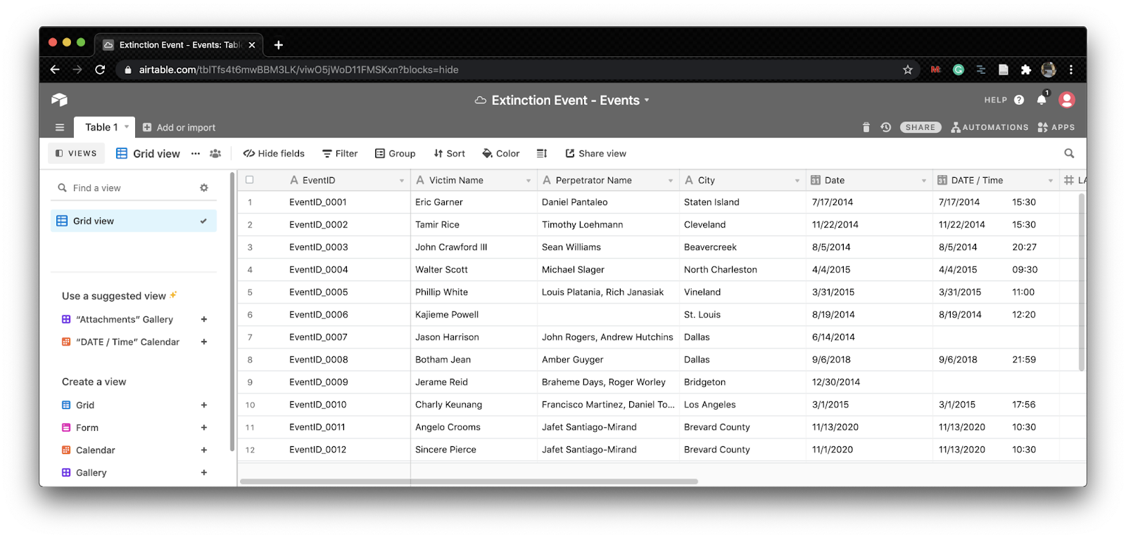 a screenshot of the extinction event database