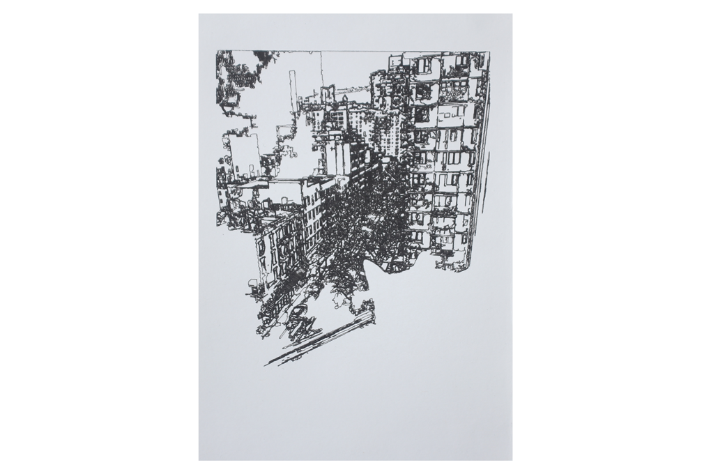 an image of a pen plotter drawing of a dog looking out the window in Midtown in New York City