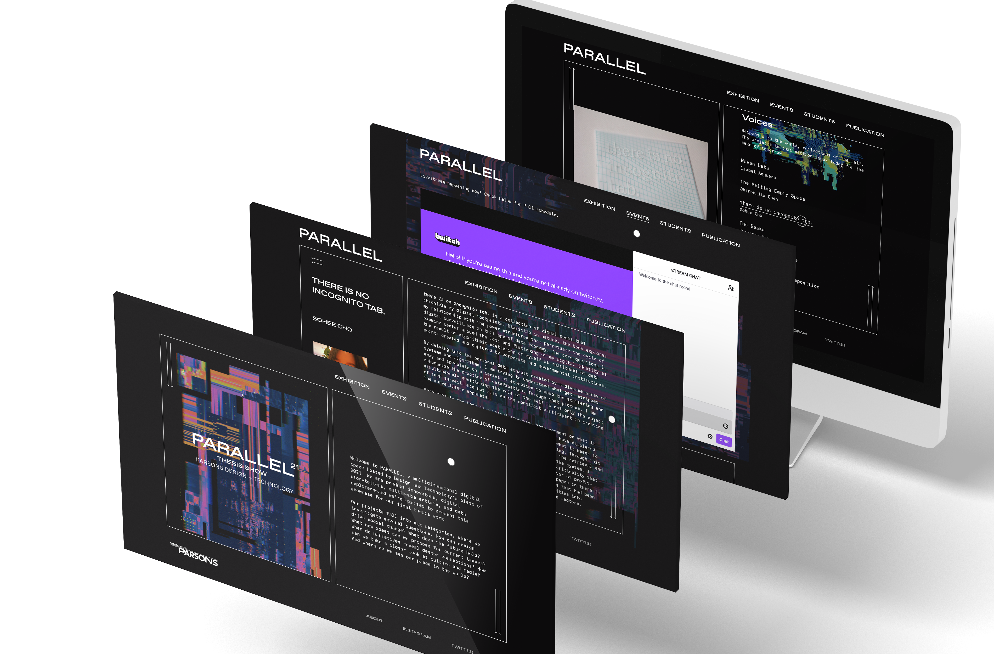 an image of an iMac with the PARALLEL homepage, events page, and project page layered on the screen